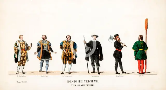 Theatre costume designs for Shakespeare's play, Henry VIII, 19th century. Artist: Unknown