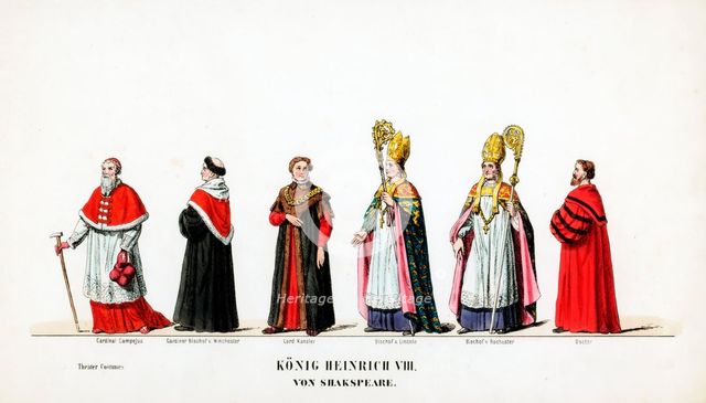 Theatre costume designs for Shakespeare's play, Henry VIII, 19th century. Artist: Unknown