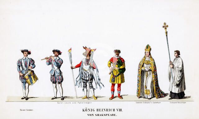 Theatre costume designs for Shakespeare's play, Henry VIII, 19th century. Artist: Unknown
