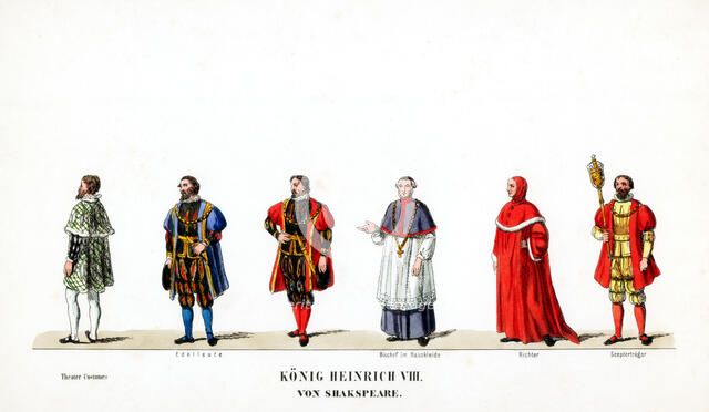 Theatre costume designs for Shakespeare's play, Henry VIII, 19th century. Artist: Unknown