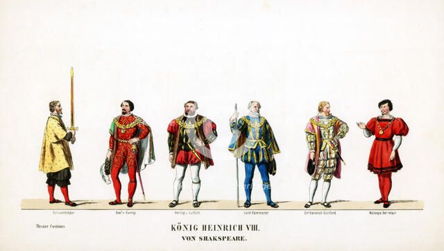 Theatre costume designs for Shakespeare's play, Henry VIII, 19th century. Artist: Unknown