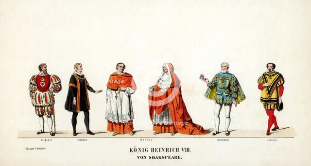 Theatre costume designs for Shakespeare's play, Henry VIII, 19th century. Artist: Unknown