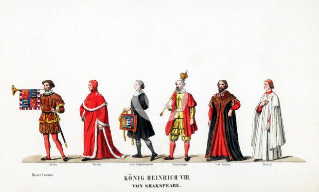 Theatre costume designs for Shakespeare's play, Henry VIII, 19th century. Artist: Unknown