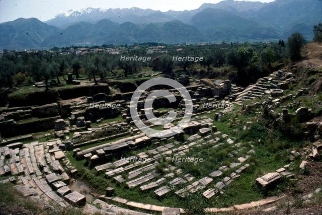 Theatre of ancient Sparta (Lakedaimon) with Mt Taygetus beyond, c20th century.  Artist: CM Dixon.
