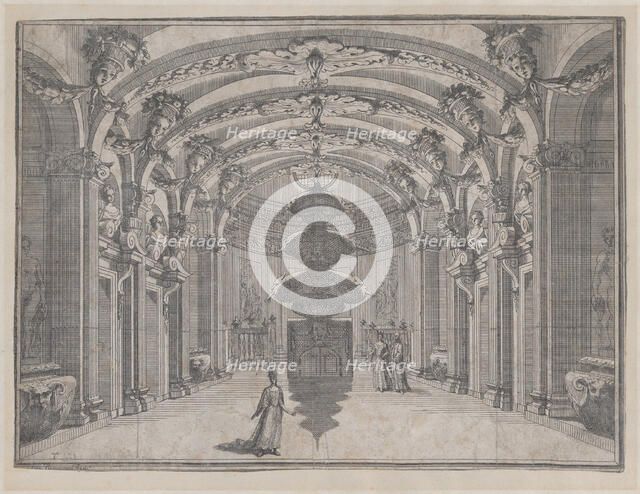 Theatrical scene in a great hall with a vaulted ceiling and a central sculpture; ..., ca. 1687-1717. Creator: Giacomo-Maria Giovannini.