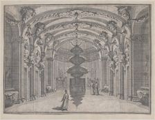 Theatrical scene in a great hall with a vaulted ceiling and a central sculpture; ..., ca. 1687-1717. Creator: Giacomo-Maria Giovannini