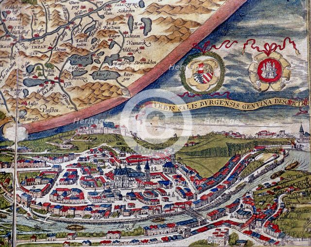 'Theatrum Orbis Terrarum' by Abraham Ortelius, Antwerp, 1574, map of Salzburg and view of the city.