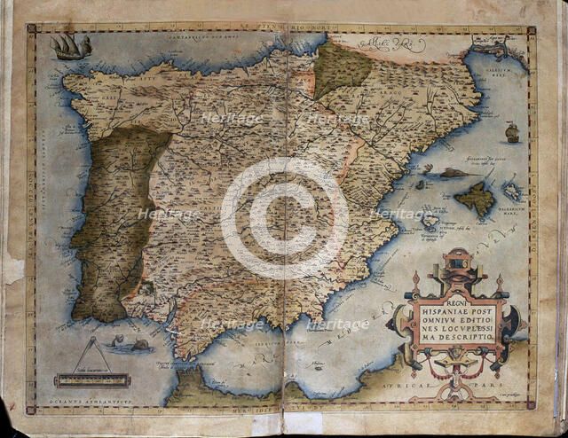  'Theatrum Orbis Terrarum' by Abraham Ortelius, Antwerp, 1574. Map of the Iberian Peninsula.