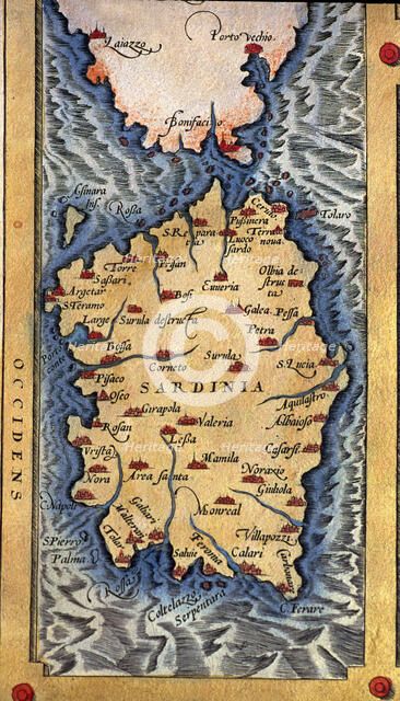  'Theatrum Orbis Terrarum' by Abraham Ortelius, Antwerp, 1574, map of the island of Sardinia.