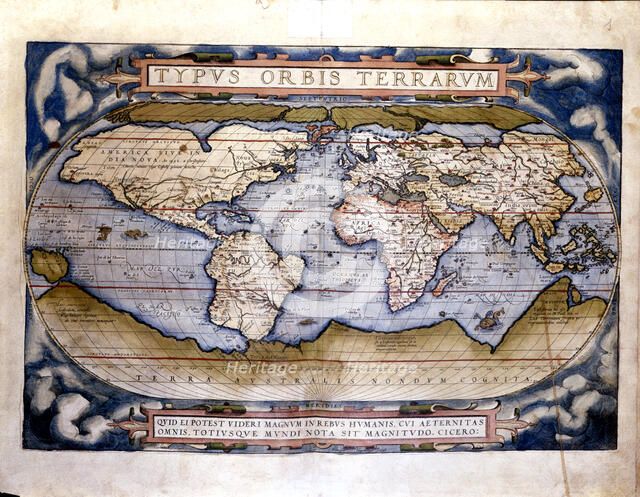 Theatrum Orbis Terrarum' of Abraham Ortelius, Amberes, 1574, world map 'Typus Orbis Terrarum'.