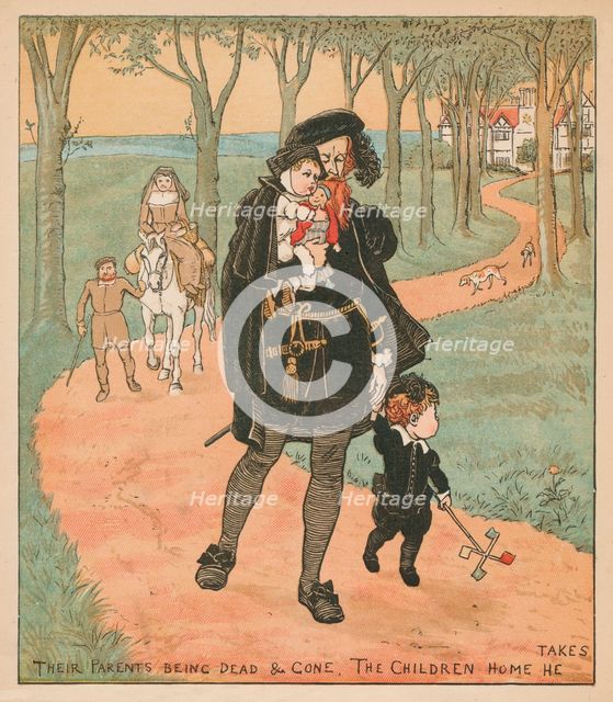 'Their Parents Being Dead & Gone, The Children Home He Takes', c1878. Creator: Randolph Caldecott.