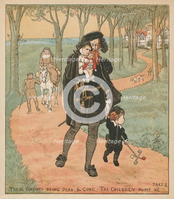 'Their Parents Being Dead & Gone, The Children Home He Takes', c1878. Creator: Randolph Caldecott.