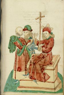 Theodas and Another Man Before the Enthroned Josaphat; Barlaam und Josaphat, 1469. Creators: Hans Schilling, Diebolt Lauber