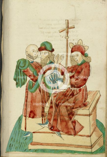 Theodas and Another Man Before the Enthroned Josaphat; Barlaam und Josaphat, 1469. Creators: Hans Schilling, Diebolt Lauber.