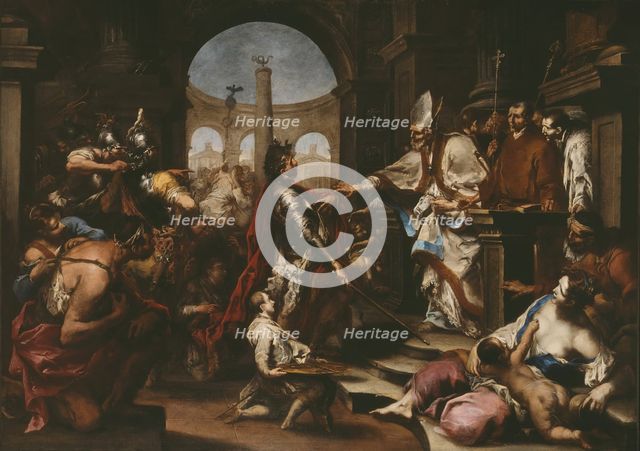Theodosius Repulsed from the Church by Saint Ambrose, 1700/10. Creator: Alessandro Magnasco.