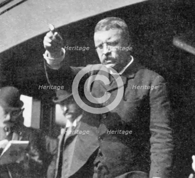 Theodore Roosevelt addressing a meeting in New York State, 1901. Artist: Unknown