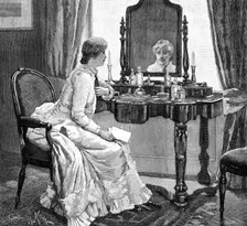 Then, looking up in her trouble and perplexity, she caught sight of her own face in the glass, 1883. Creator: R. Taylor