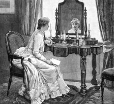 Then, looking up in her trouble and perplexity, she caught sight of her own face in the glass, 1883. Creator: R. Taylor