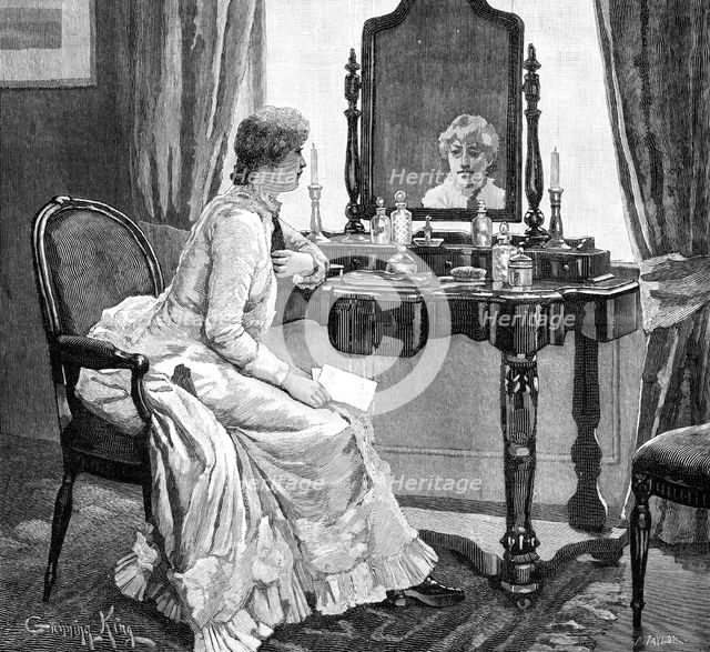 Then, looking up in her trouble and perplexity, she caught sight of her own face in the glass, 1883. Creator: R. Taylor.