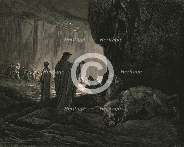 'Then my guide, his palms expanding on the ground', c1890. Creator: Gustave Doré.