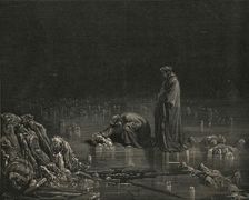 Then seizing on his hinder scalp, I cried: "Name thee, or not a hair shall tarry here" c1890. Creator: Gustave Doré