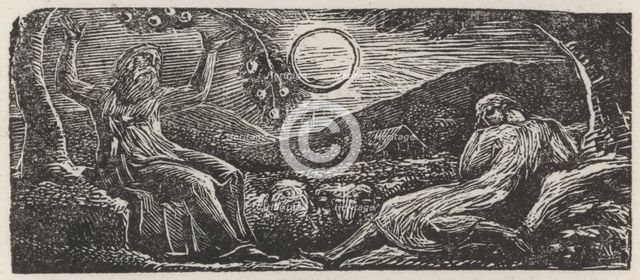 Thenot and Colinet Converse Seated between Two Trees, 1821.  Creator: William Blake.