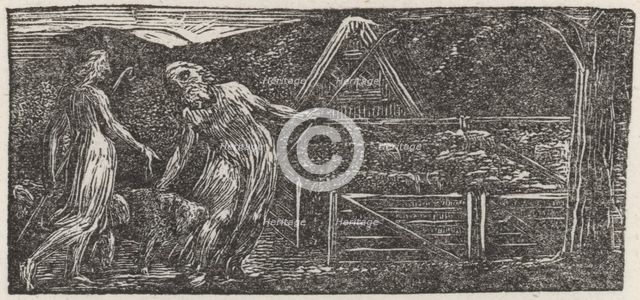 Thenot and Colinet Folding their Flocks together at Sunset, 1821. Creator: William Blake.