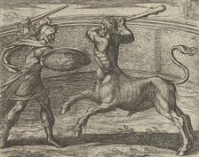 Theseus and the Minotaur (Minotaurum Theseus vincit), from The Metamorphos..., Published after 1606. Creator: Antonio Tempesta
