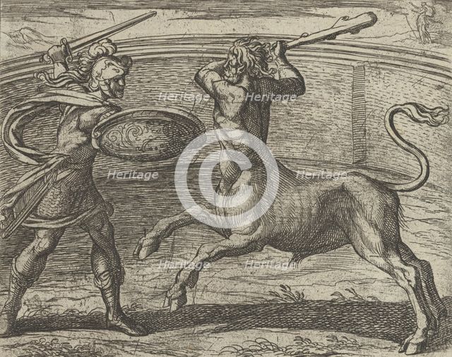 Theseus and the Minotaur (Minotaurum Theseus vincit), from The Metamorphos..., Published after 1606. Creator: Antonio Tempesta.