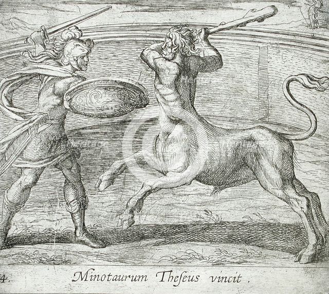 Theseus and the Minotaur, published 1606. Creators: Antonio Tempesta, Wilhelm Janson.
