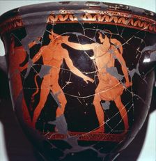 Theseus kills the Minotaur (with Ariadne present), Greek Vase painting, 5th Century BC. Artist: Hermonax