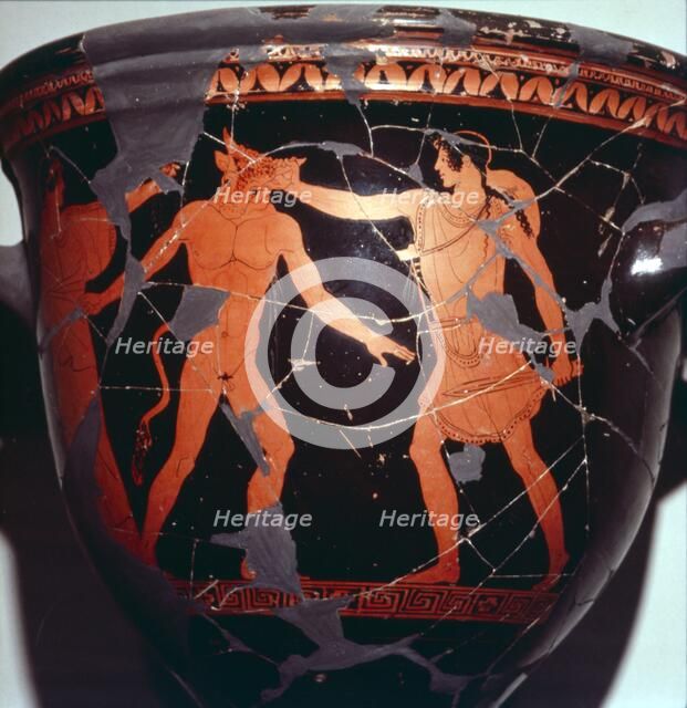 Theseus kills the Minotaur (with Ariadne present), Greek Vase painting, 5th Century BC. Artist: Hermonax.