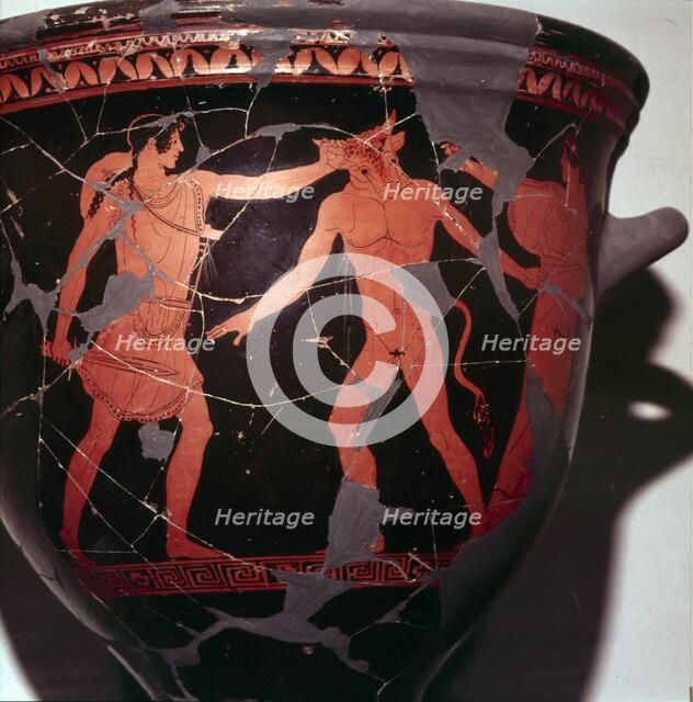 Theseus kills the Minotaur (with Ariadne present), Greek Vase painting, 5th Century BC. Artist: Hermonax.