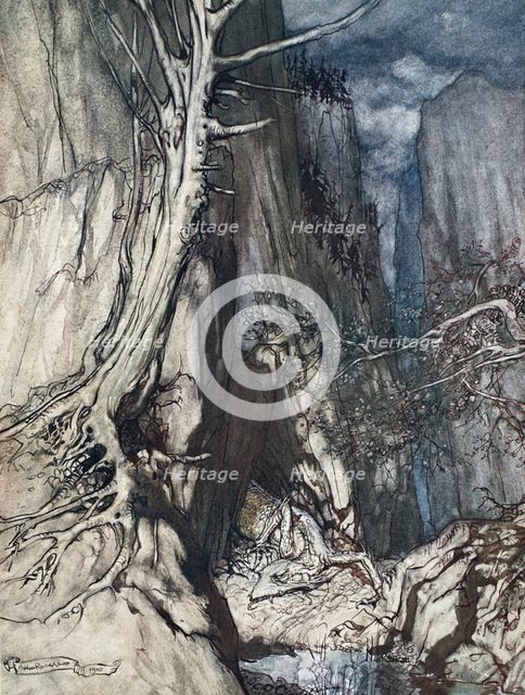 'There is a dread Dragon he sojourns, and in a cave keeps watch over Alberich's ring', 1910.  Artist: Arthur Rackham