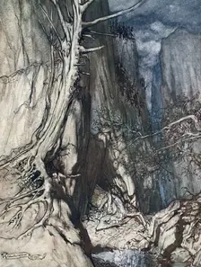 There is a dread Dragon he sojourns, and in a cave keeps watch over Alberich's ring 1910. Creator: Arthur Rackham