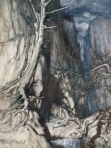There is a dread Dragon he sojourns, and in a cave keeps watch over Alberich's ring 1910. Artist: Arthur Rackham