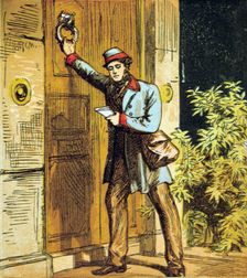 There is the Postman's knock! 1867. Creator: Anon