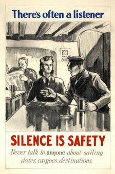 There's often a listener. Silence is safety. Never talk to... WWII poster, between 1939 and 1946. Creators: Central Office of Information, Unknown