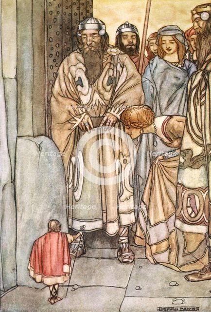 'They all trooped out, lords and ladies, to view the wee man', c1910.  Creator: Stephen Reid.