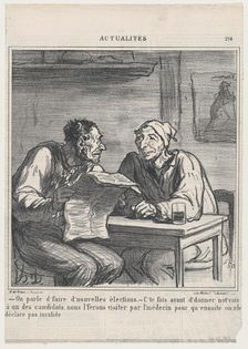-They're talking about new elections. -Before I vote for a candidate, I want..., September 27, 1869. Creator: Honore Daumier