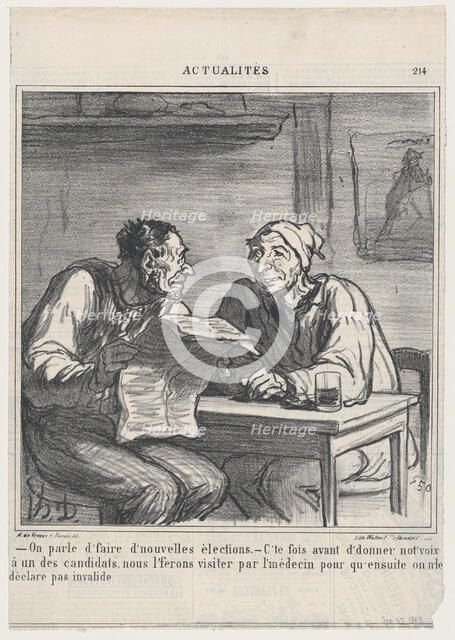 -They're talking about new elections. -Before I vote for a candidate, I want..., September 27, 1869. Creator: Honore Daumier.