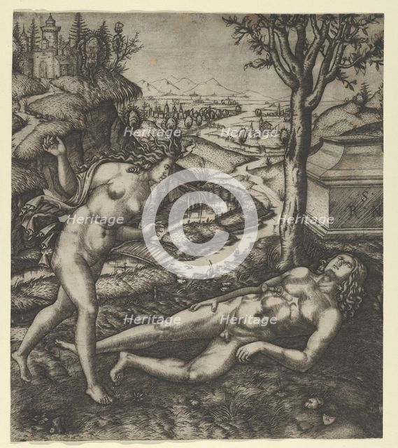 Thisbe finding Pyramus laying on the ground with a knife in his chest , 1505.. Creator: Marcantonio Raimondi.