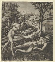 Thisbe finding Pyramus laying on the ground with a knife in his chest , 1505.. Creator: Marcantonio Raimondi