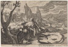 Thisbe Frightened by the Lion, c. 1615. Creator: Goltzius, Workshop of Hendrick, after Hendrick Gol