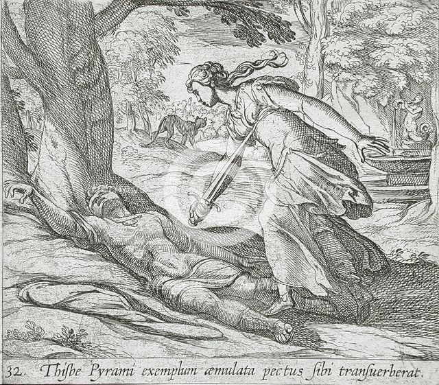 Thisbe Killing Herself, published 1606. Creators: Antonio Tempesta, Wilhelm Janson.