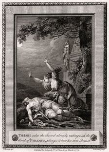 Thisbe takes the Sword already reeking with the blood of Pyramus, plunges it into... 1775.Artist: W Walker