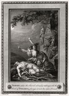 Thisbe takes the Sword already reeking with the blood of Pyramus, plunges it into... 1775.Artist: W Walker