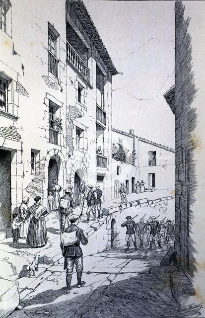 Third Carlist War (1872 - 1876), accommodation of Carlist troops in a village of Catalonia, engra…