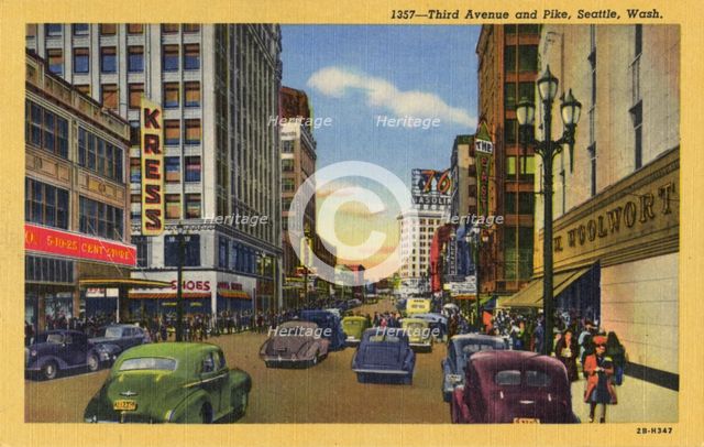 Third Avenue and Pike Street, Seattle, Washington, USA, 1942. Artist: Unknown