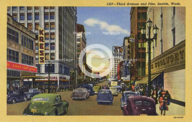 Third Avenue and Pike Street, Seattle, Washington, USA, 1942. Artist: Unknown